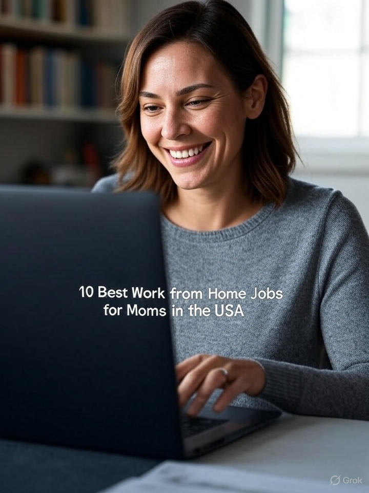 Mom working remotely at home with laptop, finding 10 Best work from home jobs for moms in USA.